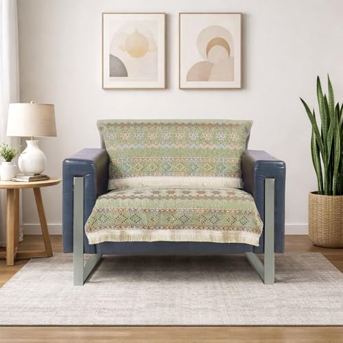 Image of Elegant Woven Green Sofa Cover - Soft Chenille Traditional Pattern with Lace Style | L-Shape Sectional Seat Protector for Living Room | Durable & Stylish Slipcover 1 Seater
