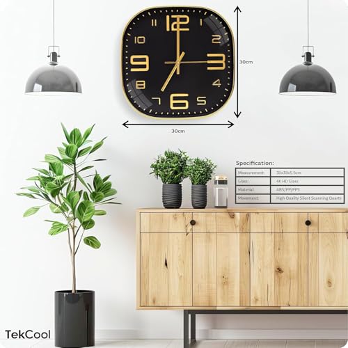 Image of TEKCOOL Plastic Analogue Wall Clock 12 inch Silent Quartz Decorative Wall Clock Non-Ticking Classic Clock Battery Operated Round Easy to Read for Room /Home /Kitchen /Bedroom /Office /School.Black gold