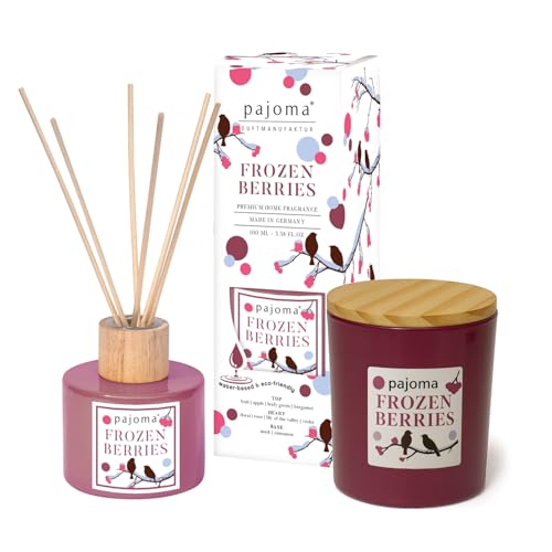 pajoma Rumdoft och doftljusset, frostade bärar, rumsdoft, diffuser, 100 ml och ljus 140 g i glas med trälock, fruktig blandning av bär, äpple och kanel, lyxdekoration och doftgåva för alla rum