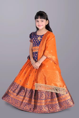 Image of Girls Pattu Pavadai Ready to Wear Lehenga, Blouse & Dupatta Set - Heavy Jacquard Fabric, Fully Stitched