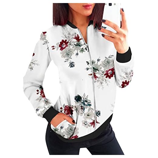 AMDOLE Veste Femme Motard Blouson Printemps Automne Léger Bombers Jacket Sweatshirt Sport Vintage Outwear Zippé Court Jacket Femme Court Chic Élégante Blouson Pas Cher Printemps