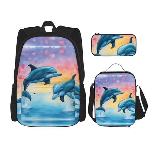 Dolphins In Love 3-Piece Set Backpack, Lunch Bag, And Pencil Case, Casual Cute Sets For Travel And College