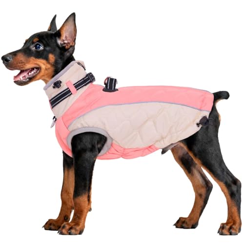 Dog Coats for Medium Dogs Waterproof, Windproof Winter Clothes with D Ring & Adjustable Buckles, Thick Fleece Vest Puffer Jacket, Reflective Dog Coat with Zipper-M Pink