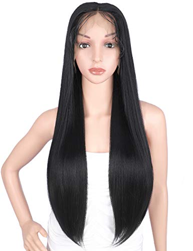Kalyss 4x4" Free Parting Double Lace Front Wigs for Women Heat Resistant 26 Inches Long Straight Synthetic Lace Frontal Wigs for Daily Wear (natural black)