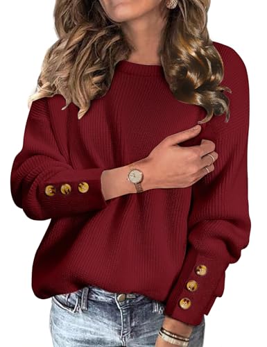 Vijamiy Camisola de malha mulher gola redonda casual camisola tops moda Loose Pullover Sweater outono e inverno elegante Sweatshirt quente e confortável, Vermelho Bordeaux, S