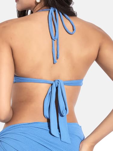 Image of ZeroKaata Stretchable Ribbed Bikini Set with Sarong Skirt for Women | 3 Piece Swimsuit & Beach Wear Set | Vacation, Resort Wear, Pool Party & Holiday Swimwear