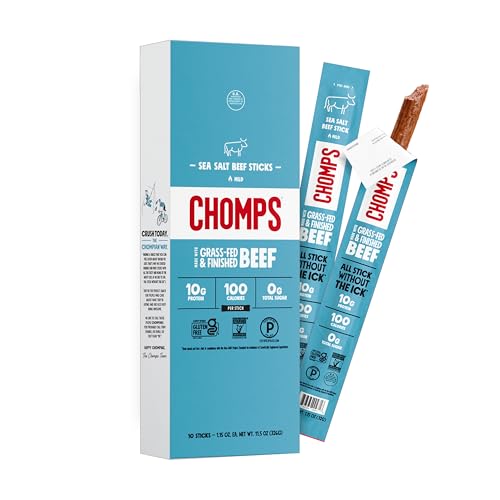 Chomps Grass-Fed and Finished Sea Salt Beef Jerky Snack Sticks 10-Pack - Keto, Paleo, Whole30, 10g Lean Meat Protein, Gluten-Free, Zero Sugar Food, Non-GMO