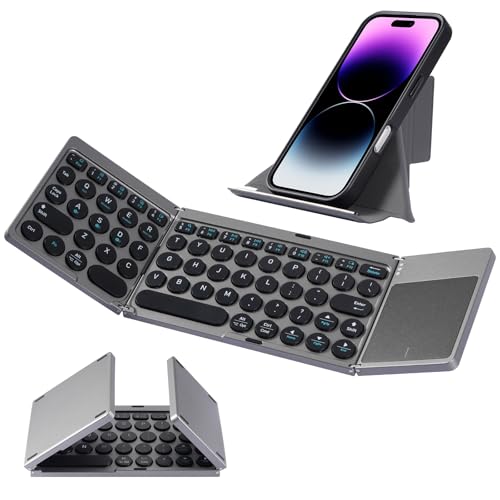 SOPPY Foldable Wireless Keyboards with Touchpad, Rechargeable Portable Tri-Folding Keyboard with Stand, Mini Bluetooth Travel Keyboard for Mac, iOS, Android, Windows, PC, Tablet, Laptop, Smartphone