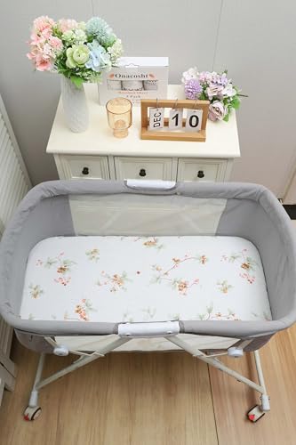 Image of Onacosht Muslin Bassinet Sheets 3 Pack for Baby Unisex, Green and Botanical | Skin-friendly, 100% Cotton Bassinet Fitted Sheets, 33 inch X 17 inch, Universal Size for Standard Oval & Rectangle Bassinet Mattress