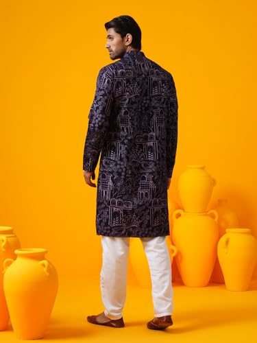 Image of SOJANYA (Since 1958 Men's Cotton Silk Kantha Thread Embroidered Kurta with White Pyjama