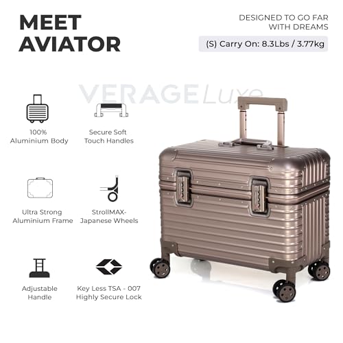 Image of Verage Luxe Aviator 100% Aluminum Hardside Spinner Luggage with Multi-Directional Wheels and Telescoping Handle (Titanium Gold)