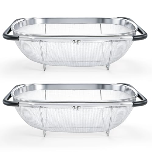 Suwimut 2 Pack Over the Sink Oval Colander for Kitchen, Stainless Steel Fine Mesh 6 Quart Strainer Basket with Expandable Rubber Grip Handles for Straining, Draining, Rinsing Fruits, Vegetables