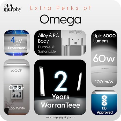 Image of Murphy Omega 60W E26 LED Tube Light | Ultra-Slim 4ft Aluminium Batten | Ultra Bright & Flicker-Free Cool White (Pack of 2)