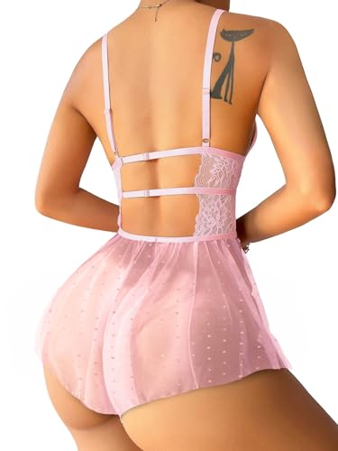 Image of Lilosy Sexy Bows Floral Lace Mesh Babydoll Lingerie Romper