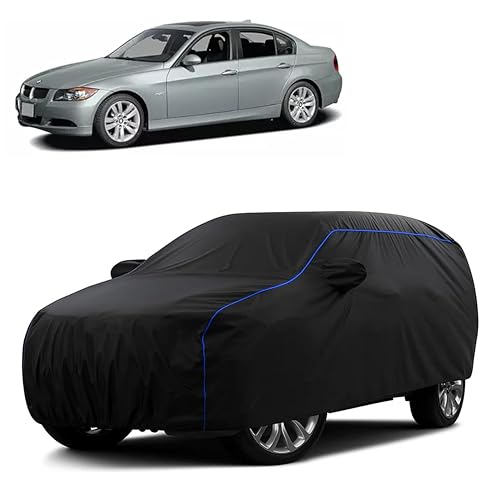 Image of Sulfar 100% Water Resistant Car Body Cover Compatible with Mirror for BMW 325i (Triple Stitched, Full Bottom Elastic, Black Tafetta with Blue Piping)