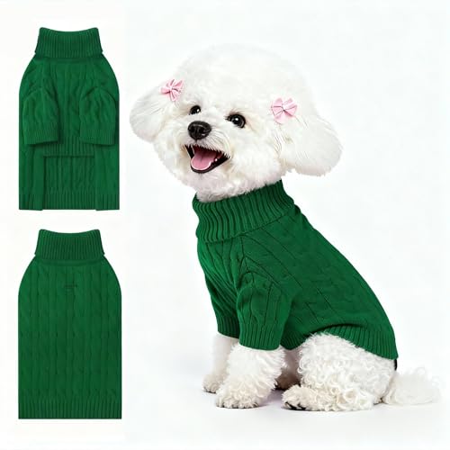 Image of Small Dog Thermal Pullover Sweater, Classic Turtleneck Cable Knitwear Dog Clothes for Cold Weather Warm Pet Clothes for Chihuahua, Bulldog, Dachshund, Pug Green Medium