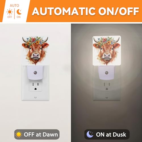 Image of Cute Highland Cow Night Lights Plug into WallFlower Watercolor Decorative Night Light Dusk to Dawn LED Lamp for Bedroom Bathroom Living Room