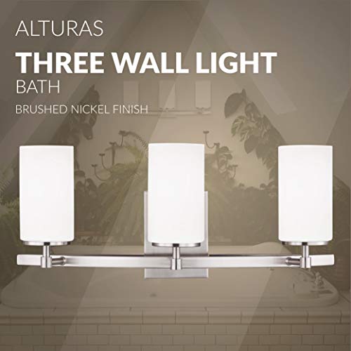 Image of Generation Lighting Alturas 3-Light Wall Bath Sconce in Brushed Nickel | Damp-Rated Wall Sconce Mounts Vertical or Horizontal, Satin Etched Glass, Bathroom Vanity Light, or Bathroom Fixture for Bath