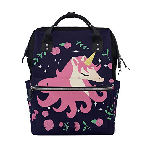 Mochila plana con diseño de unicornio y flores, gran capacidad, multifunción, bolsa de viaje para momia mujeres