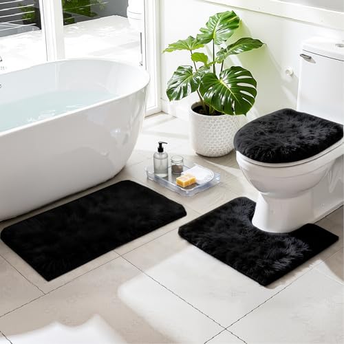 RUN HELIX Black Bathroom Rugs Sets 3 Piece Shaggy Bath Mat Non-Slip Mats Water Absorbent Bath Rug Floor Mats Soft Washable Shower Rug with U-Shaped Contour Rug Toilet Lid Cover Home Decor Ac