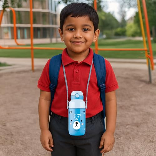 Image of Milton Steel Indus 400 Thermoware PU Insulated, 390 ml Water Bottle with Straw for Kids, Leak Proof Flip Top Sipper Lid Bottle, School, Picnic, Easy to Carry Belt, Blue
