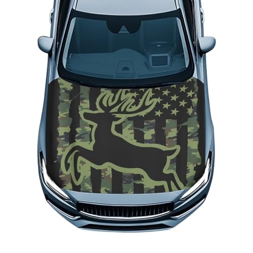Image of Elk Green American Flag Hook Covers for Cars Waterproof UV-Resistant Engine Protection Cover Elastic Band Fixation Fits Most Cars