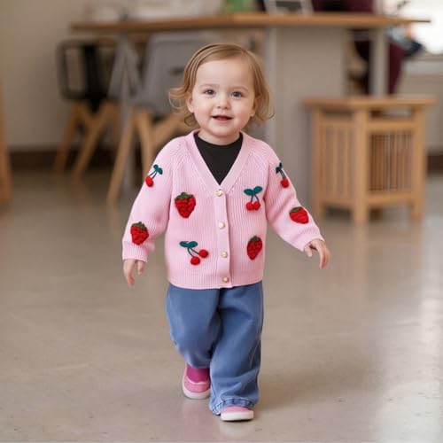 Little Kids Girl Button Up Sweaters Long Sleeve Cherry Strawberry Embroidery Cardigan Knitwear Fall Knit Outwear3