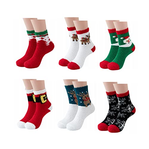 Image of Women Christmas Holiday Socks Warm Winter Cozy Fuzzy Socks Family Elk Snowflake Santa Patterns Crew Socks Gift