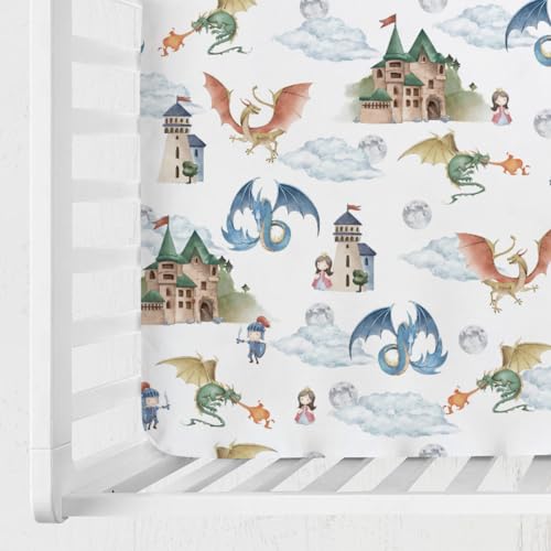 Image of Fairytale Dragons Castle Baby Crib Sheet 52''x28'' Cute Dragon Princess Knight Moon Clouds Stretchy Fitted Crib Mattress Cover for Boy Girl Bed Sheets for Standard Crib Toddler Mattress