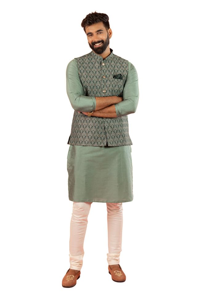 kisah Men's Silk Blend Printed Kurta Jacket Churidar Set Jacquard Full Sleaves, Knee Length, Regular Fit-picture-29