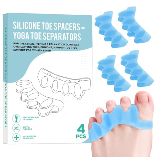 Image of 4 Pcs Silicone Toe Spacers - Yoga Toe Separators for Toe Straightening & Relaxation | Correct Overlapping Toes, Bunions, Hammer Toe | Toe Support toe separators for Women & Men (Blue, 3.98)