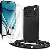 CaseLover Funda Magnética con Cuerda Compatible iPhone 17 Pro MAX 6.9', Carcasa Suave Silicona Case con 2 Protector Pantalla Funda con Ajustable Collar Correa de Cuello Cordón para 17 Pro MAX, Negro
