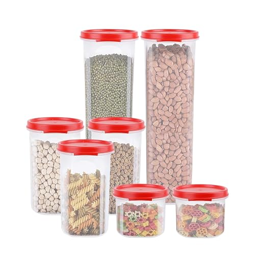 Image of Cutting EDGE Smart Slim Storage Airtight Container-Red,Set of 7 | Plastic material, size - 2x1.1L+3x585ml+2x250ml , pantry organization, pulses storage, grains storage, kitchen Storage