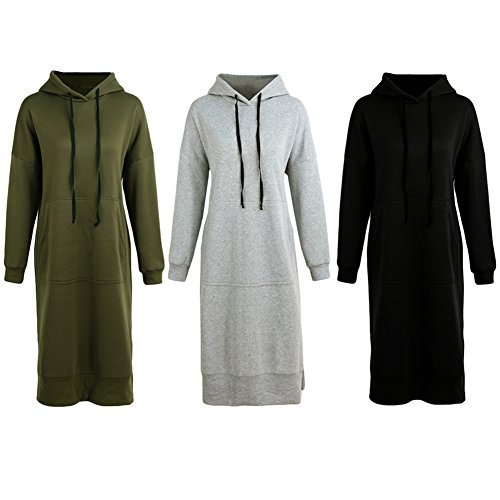 Domary Novo moletom longo feminino solto com capuz vestido sólido de manga comprida bolsos separados
