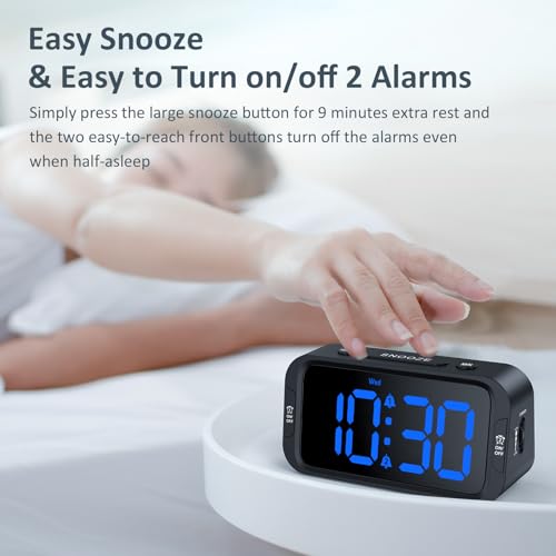 Image of Odokee Digital Dual Alarm Clock for Bedroom, Easy to Set, 0-100% Dimmer, USB Charger, 5 Sounds Adjustable Volume, Weekday /Weekend Mode, Snooze, 12 /24Hr, Battery Backup, Compact for Bedside(Blue)