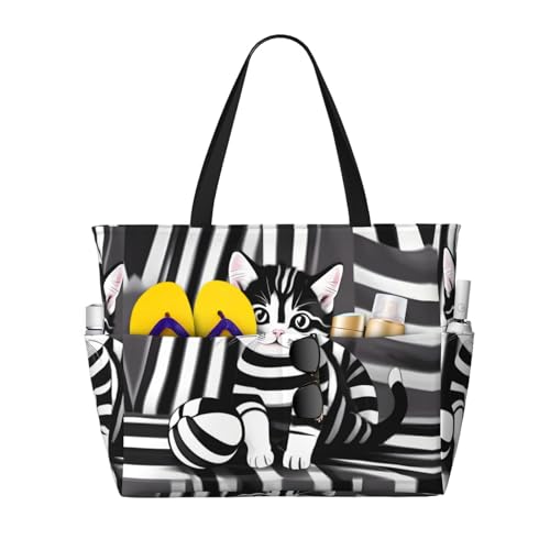 Black and white striped kitten Large Capacity Beach Travel Bag, Foldable Beach Bag with Zipper, Great for Grocery Bag Pool Gym Travel Shopping
