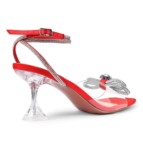 Image of Zzheels Double Bowknots Crystal Clear Shoes Strappy Sandals | Clear Slingback Heels, Rhinesotne Bow Sandals, Square Toe, Elegant Heels