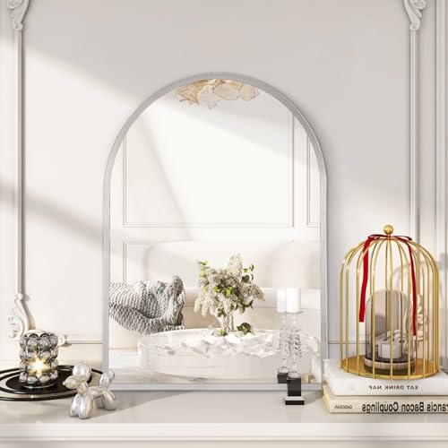 Image of Arched Wall Mirror, 26 inchx18 inch Silver Arch Mirror, Metal Frame Bathroom Mirrors, Arched Vanity Mirror for Living Room Bedroom Mantel Entryway