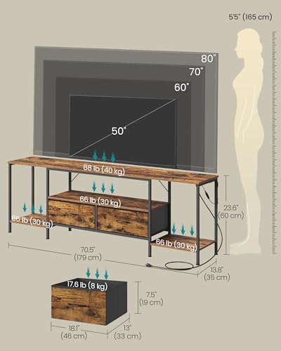 Image of SONGMICS BELLAH Collection - TV Stand with Power Outlets and Lights, Entertainment Center Media Console for TVs Up to 80 Inches, Living Room, Shelves, Drawers, Industrial, Rustic Brown ULGS421K101S
