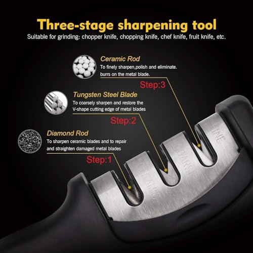 Image of WELLUCK Knife Sharpener Manual 3 Stage Knives Sharpner Tool Advanced Knife Sharpener for Kitchen Knife Sharpner Knives Sharpening Tool for Steel Knives (Black)