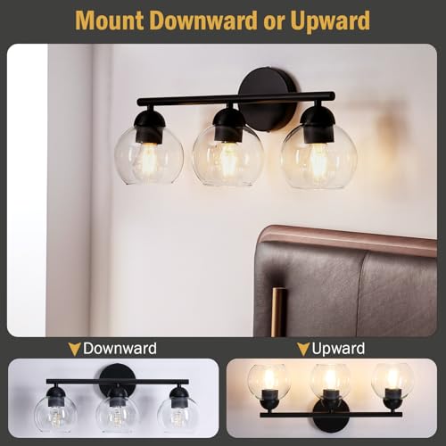 Image of 3 Light Bathroom Vanity Light, Black Vanity Light with Globe Glass Shades, Farmhouse Bathroom Light Fixtures Over Mirror, Modern Wall Lights for Bedroom Hallway, E26 Socket