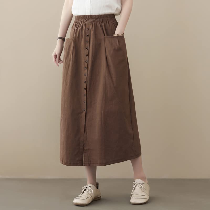 Women’s Vintage Elastic High Waist A Line Slit Hem Midi Skirt Summer Dressy Casual Loose Fit Long Skirts with Pockets4
