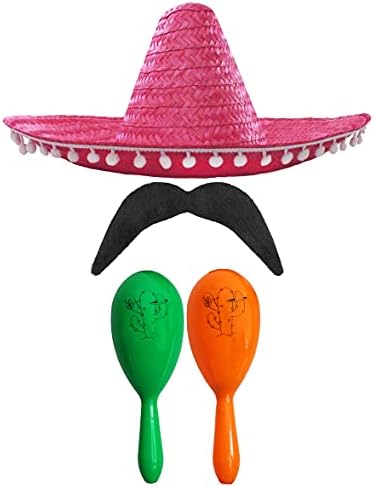 MEXICAN FANCY DRESS ACCESSORY SET - MEXICAN SOMBRERO WITH MARACAS AND TASH BLACK POM POM SOMBRERO + 2X GREEN MARACAS