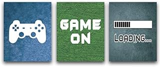 KAIRNE Video Game Themed Art Print Funny Gaming Poster, GAME ON Quote Posters, Game Wall Art,Game Console Picture,Set Of 3 (8X10) Canvas Gamer Wall Art Artwork For Boys Or Gaming Lovers Room Decor
