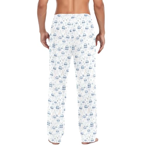 Men's Cute Blue Jellyfish Pajama Pants with Pockets - Straight Fit Cotton Sleep Bottoms for Lounge & Nightwear#4093