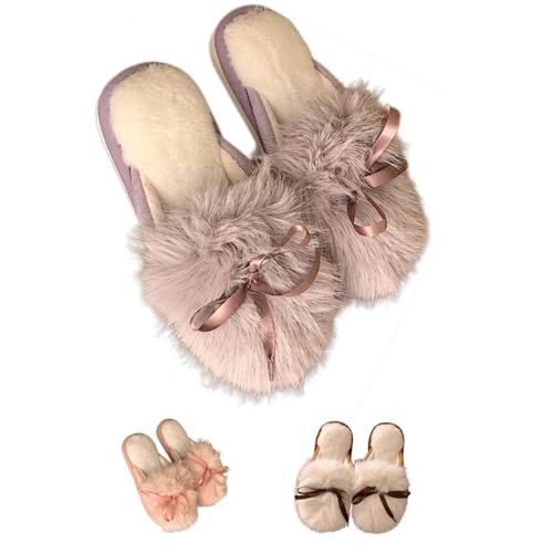 Cute bow Women's Fuzzy Memory Foam Slippers Fluffy Winter House Shoes Indoor and Outdoor