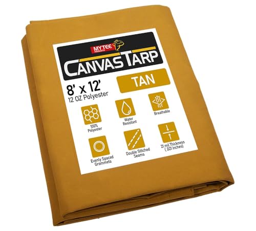 Mytee Products 8' x 12' Tan 12oz Canvas Tarp with Grommets - Water Resistant - Heavy Duty Canvas Tarps - Multipurpose Tarpaulin Cover for Canopy Tent, Roof, Camping, Semi Trucks & Cargo