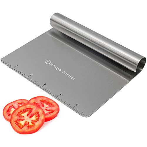 Recogedor de Verduras de Acero Inoxidable con Regla Incorporada, Recogedora de Alimentos, Rasqueta Cortadora, Espátula para Masa - Plateado