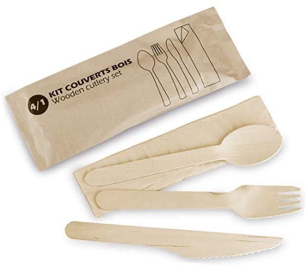 KIT FOURCHETTE + COUTEAU + CUILLERE EN BOIS + SERVIETTE PAR PAQUET DE 100
