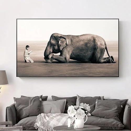 Impression d'art zen éléphant sur toile nordique de haute qualité avec cadre intérieur en bois